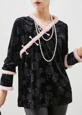 Vintage Schwarz Jacquard Patchwork Oriental Seide Velour Shirt Tops Frühling